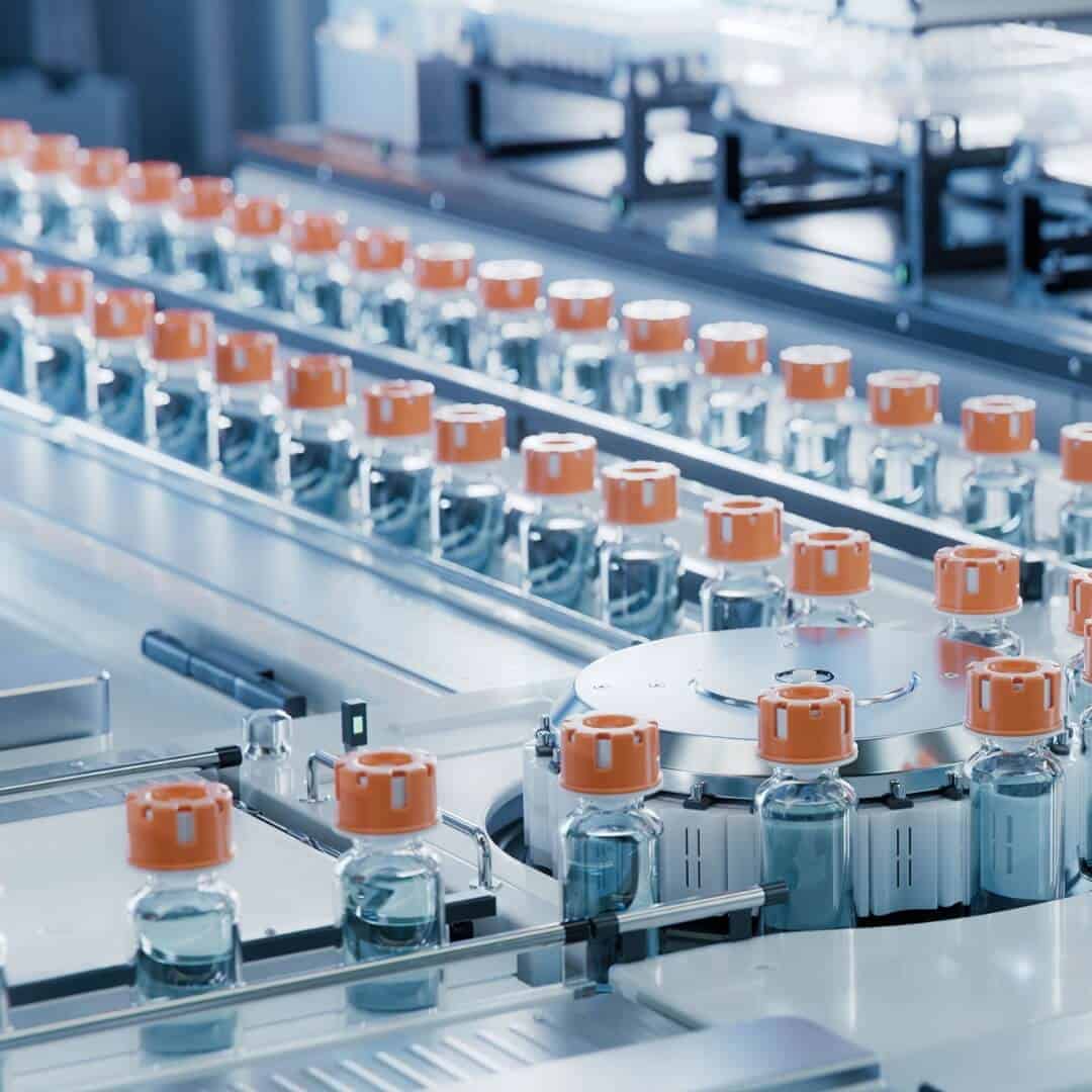 Vials on production line