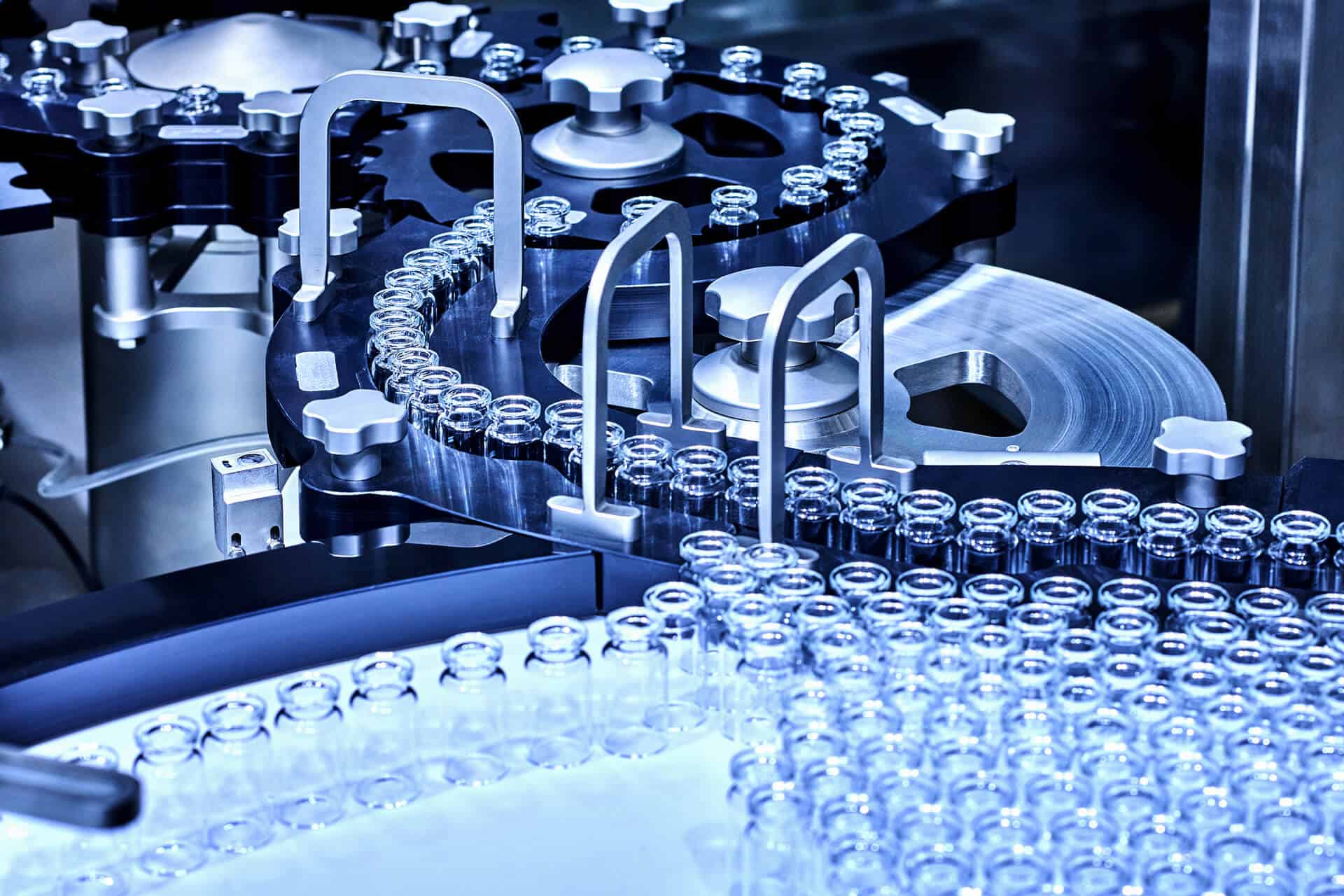 Vials on a pharmaceutical production line.